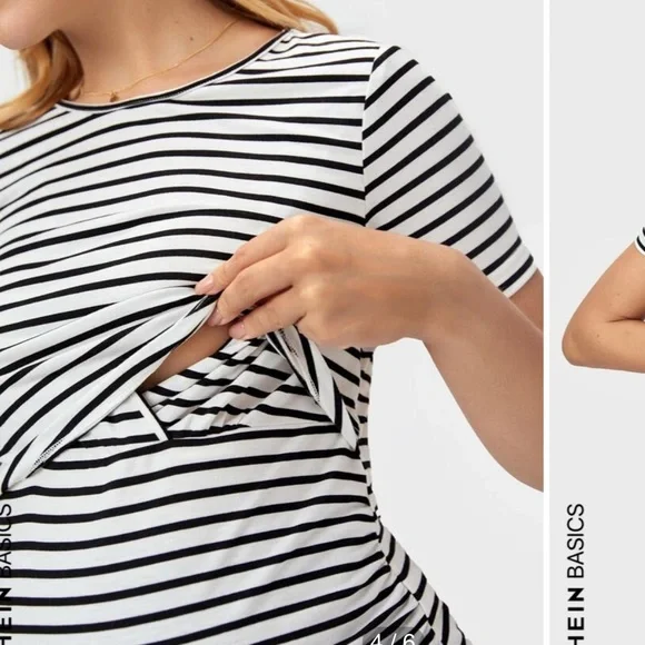 HEIN BASICS Maternity Striped Curved Hem Nursing Top M - Picture 2 of 4